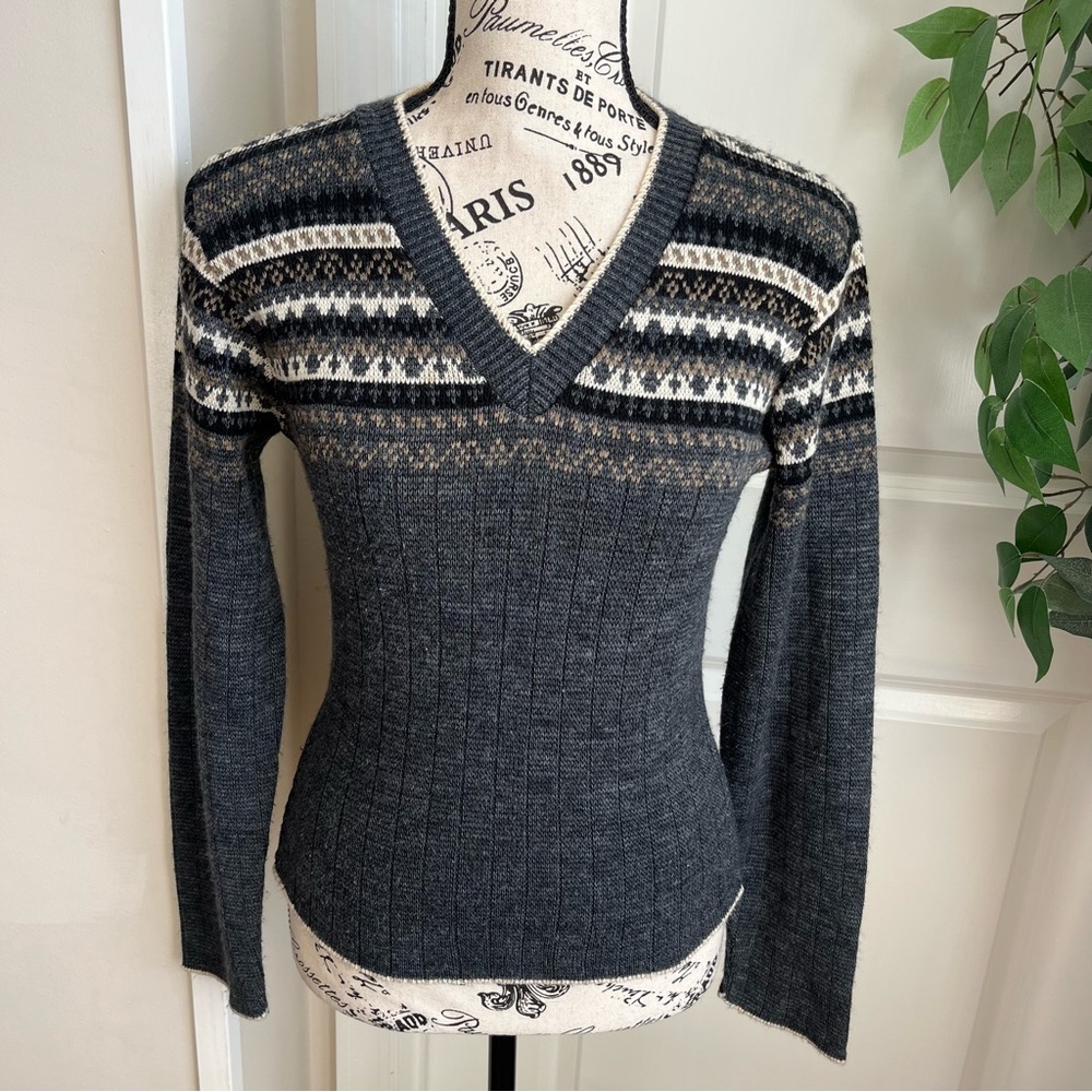 Sweater Project Vintage 90s Fair Isle V-Neck Sweater Gray Sz S